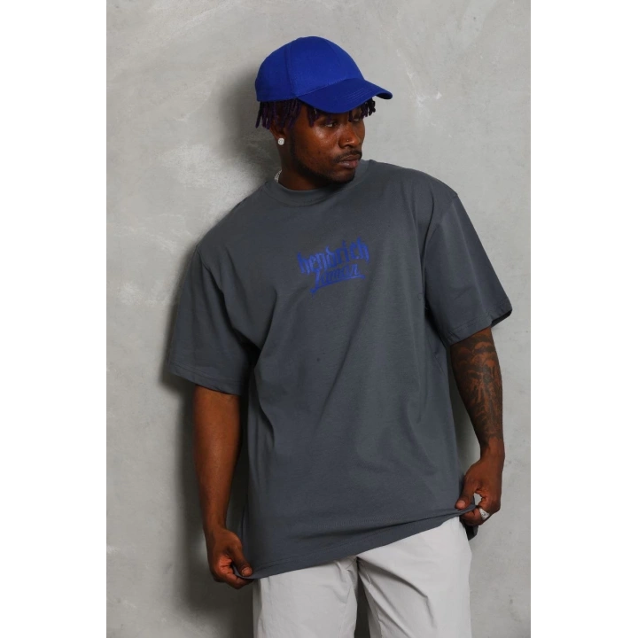 Unisex Oversize Baskılı Bisiklet Yaka T-Shirt - Füme