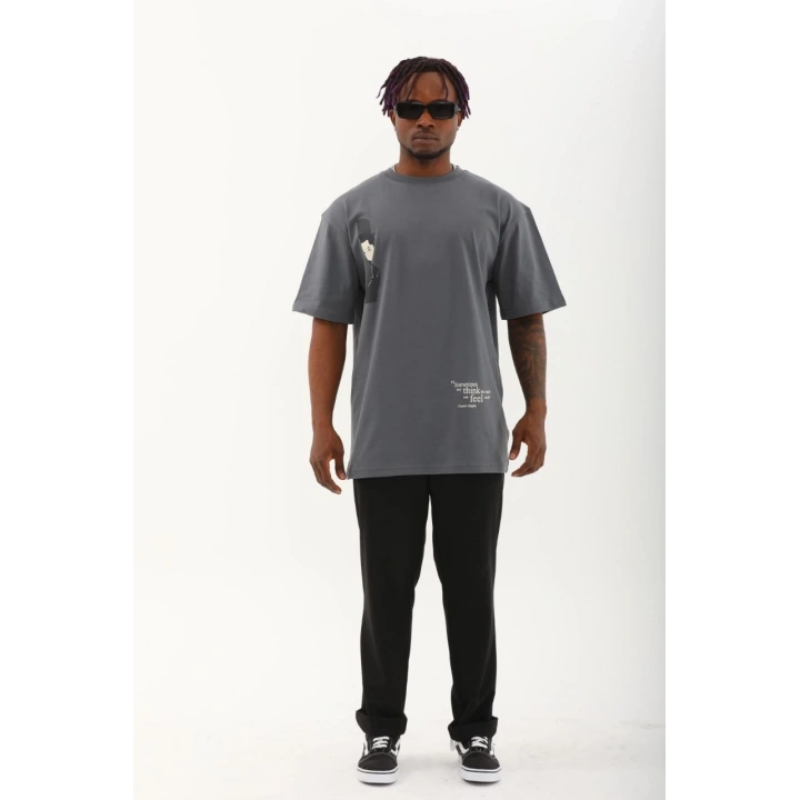 Unisex Oversize Baskılı Bisiklet Yaka T-Shirt - Füme