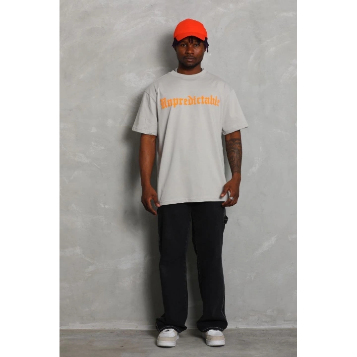 Unisex Oversize Baskılı Bisiklet Yaka T-Shirt - Gri