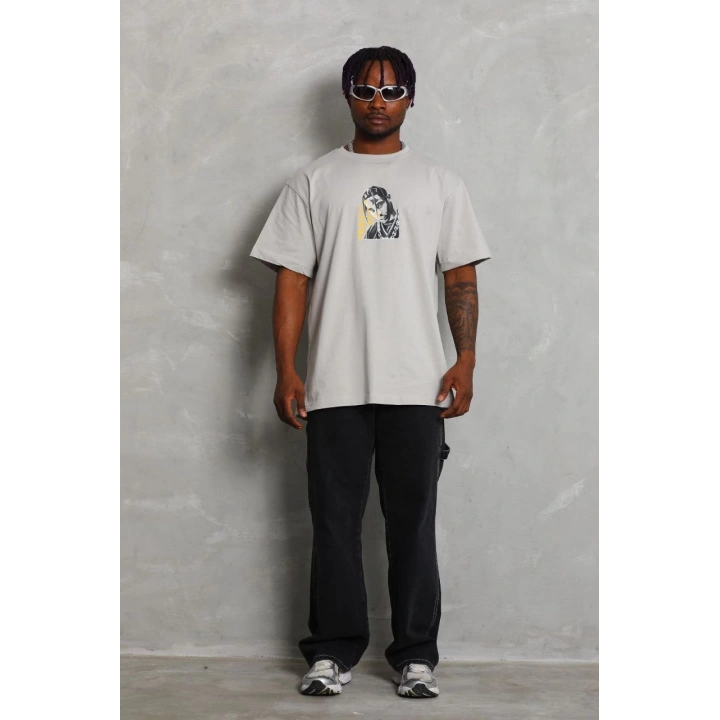 Unisex Oversize Baskılı Bisiklet Yaka T-Shirt - Gri