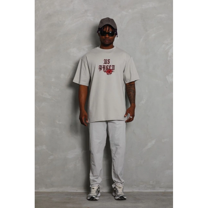 Unisex Oversize Baskılı Bisiklet Yaka T-Shirt - Gri