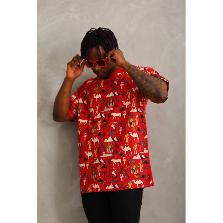 Unisex Oversize Baskılı Bisiklet Yaka T-Shirt - Kırmızı