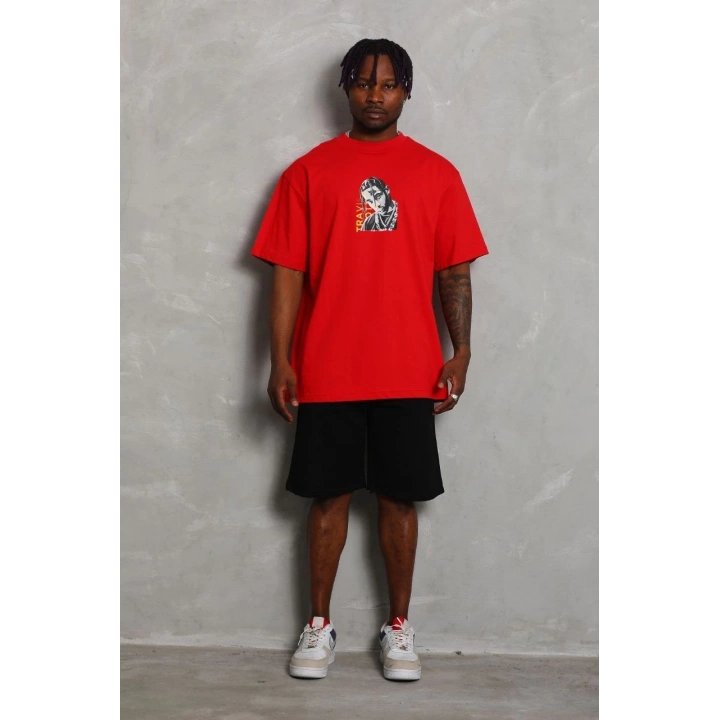 Unisex Oversize Baskılı Bisiklet Yaka T-Shirt - Kırmızı