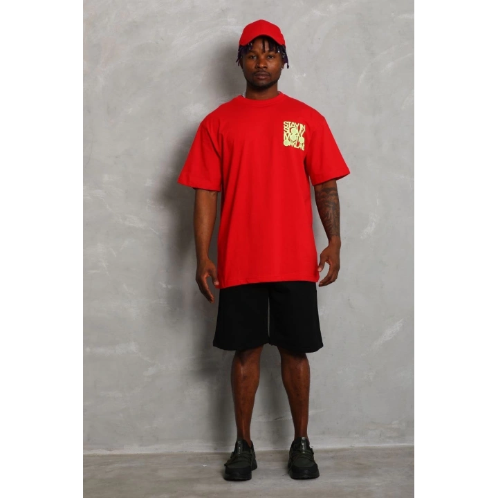 Unisex Oversize Baskılı Bisiklet Yaka T-Shirt - Kırmızı