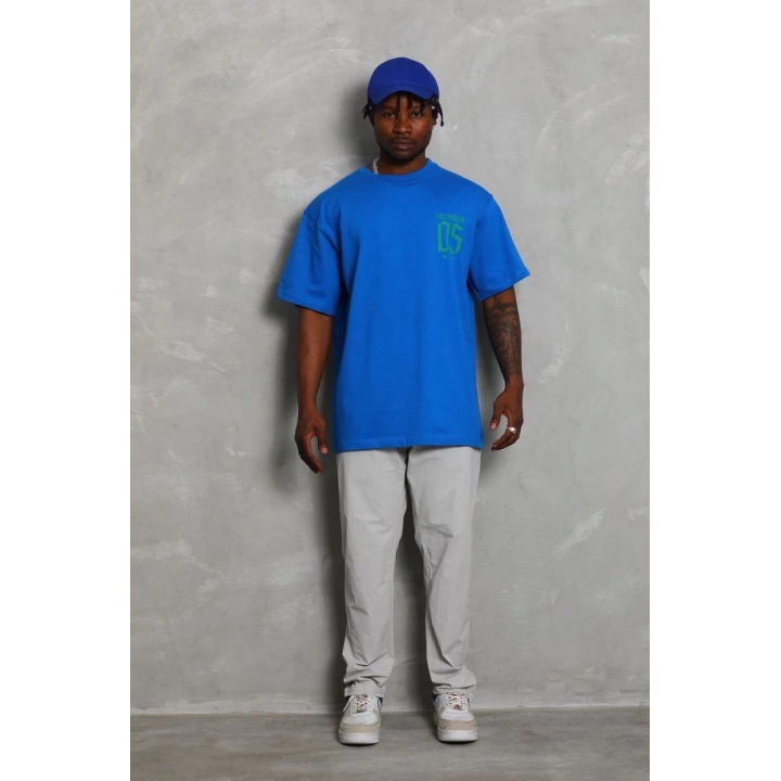 Unisex Oversize Baskılı Bisiklet Yaka T-Shirt - Mavi