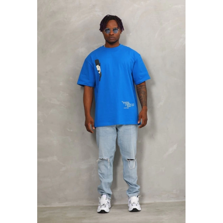 Unisex Oversize Baskılı Bisiklet Yaka T-Shirt - Mavi