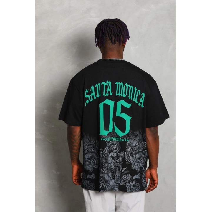 Unisex Oversize Baskılı Bisiklet Yaka T-Shirt - Siyah