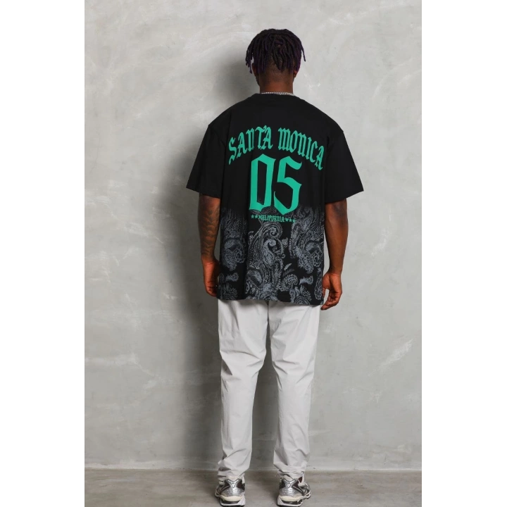 Unisex Oversize Baskılı Bisiklet Yaka T-Shirt - Siyah