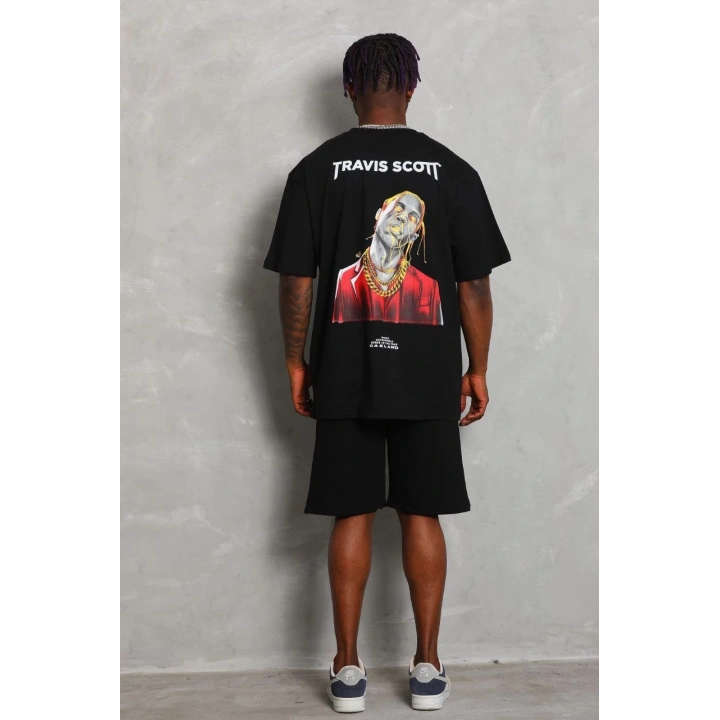 Unisex Oversize Baskılı Bisiklet Yaka T-Shirt - Siyah