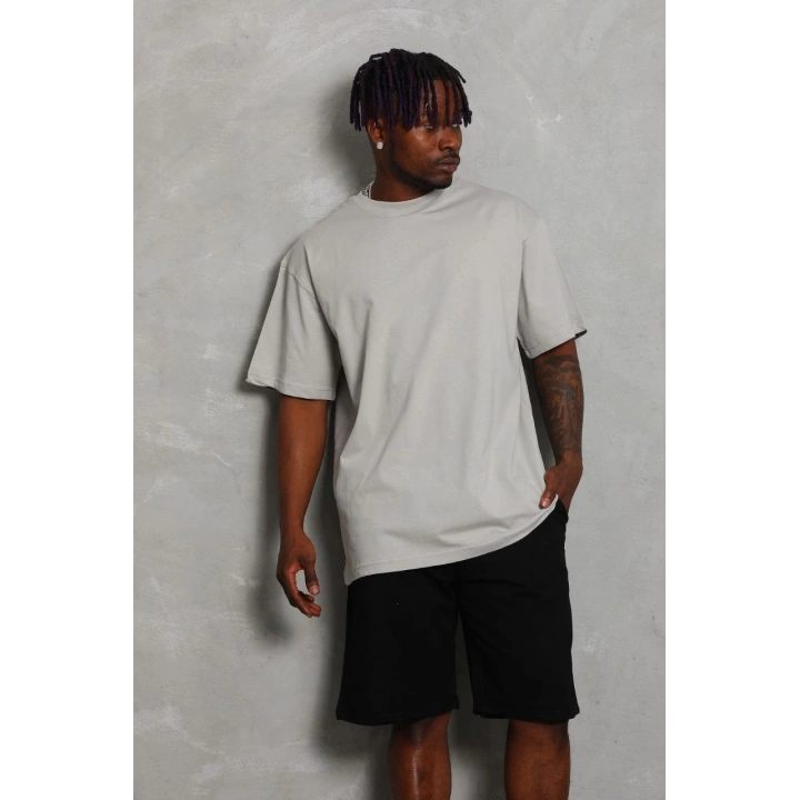 Unisex Oversize Düz Bisiklet Yaka T-Shirt - Gri