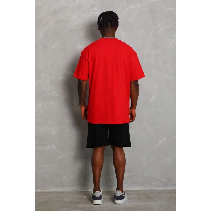 Unisex Oversize Düz Bisiklet Yaka T-Shirt - Kırmızı