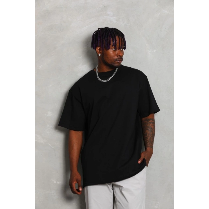 Unisex Oversize Düz Bisiklet Yaka T-Shirt - Siyah