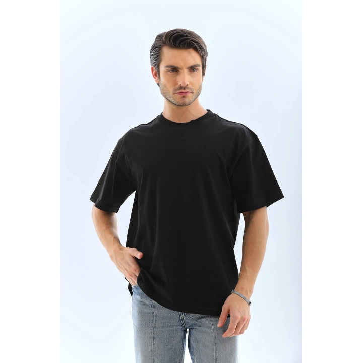 Unisex Oversize Düz Bisiklet Yaka T-Shirt - Siyah