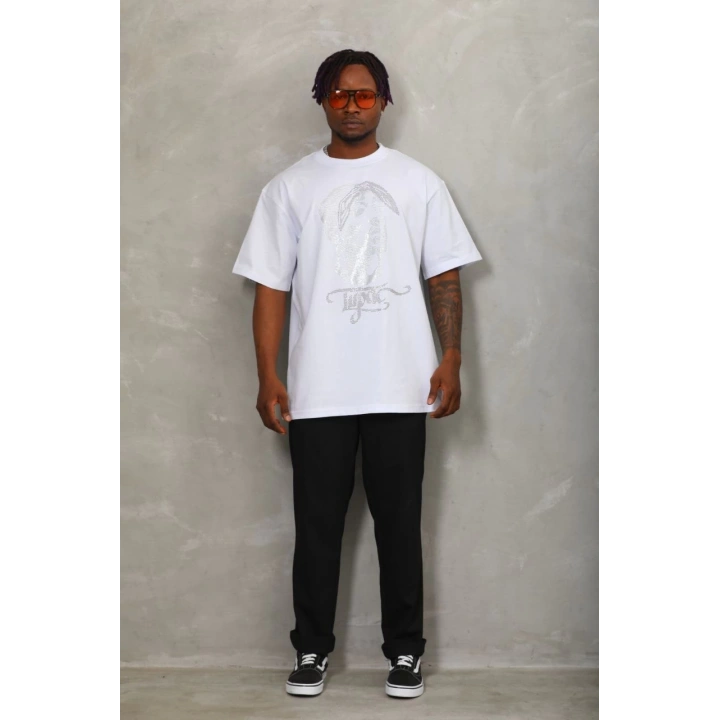 Unisex Oversize Taşlı Bisiklet Yaka T-Shirt - Beyaz