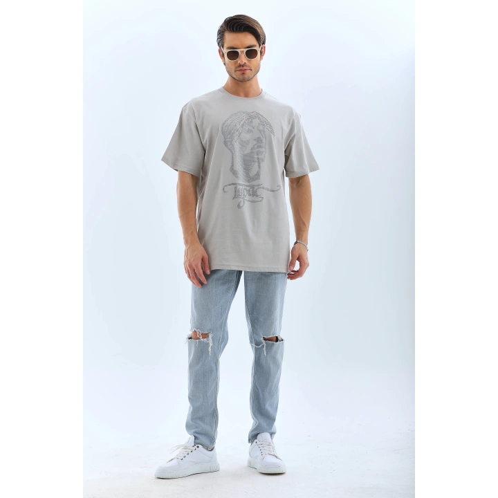 Unisex Oversize Taşlı Bisiklet Yaka T-Shirt - Gri