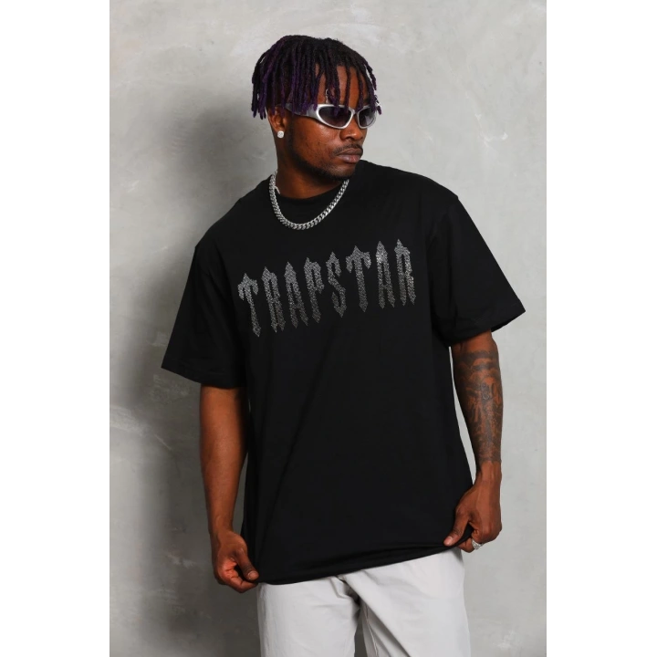 Unisex Oversize Taşlı Bisiklet Yaka T-Shirt - Siyah