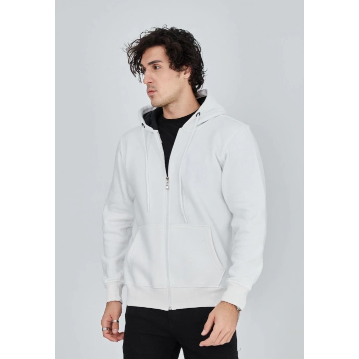 Unisex Tam Fermuarlı Kapşonlu  SweatShirt - Beyaz