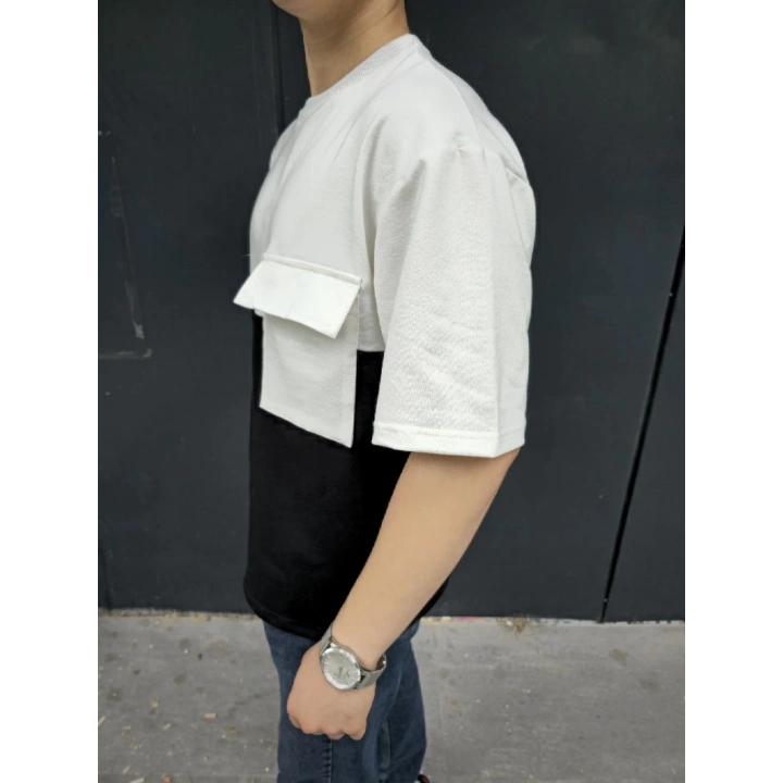 Unisex Torba Cep Detaylı Parçalı T-Shirt - Siyah