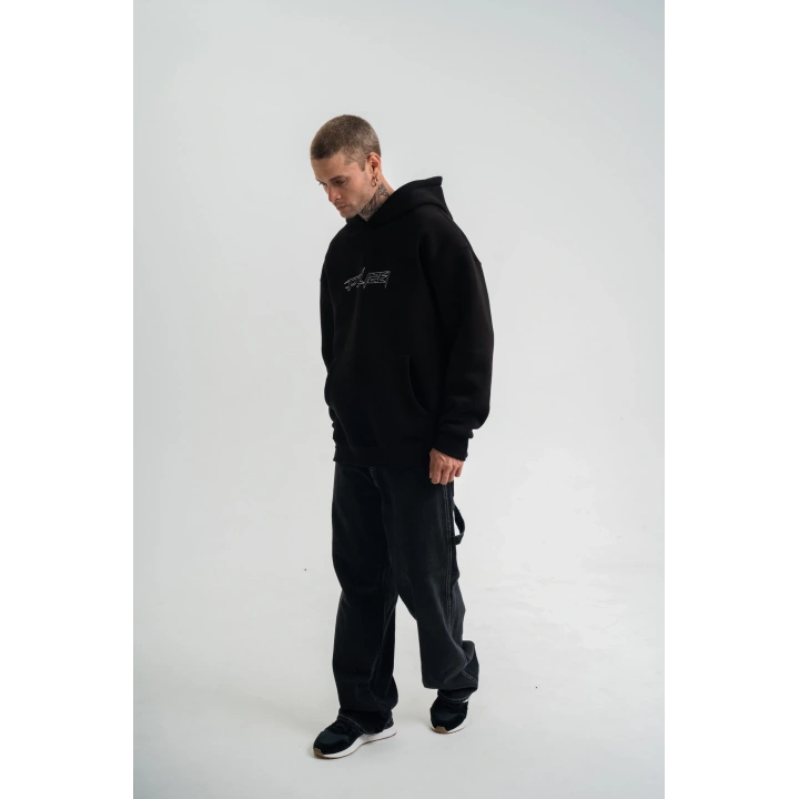Unisex Üç İplik Kapşonlu Nakışlı SweatShirt - Siyah