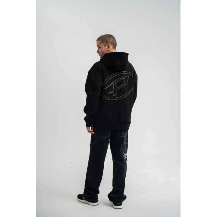 Unisex Üç İplik Kapşonlu Nakışlı SweatShirt - Siyah
