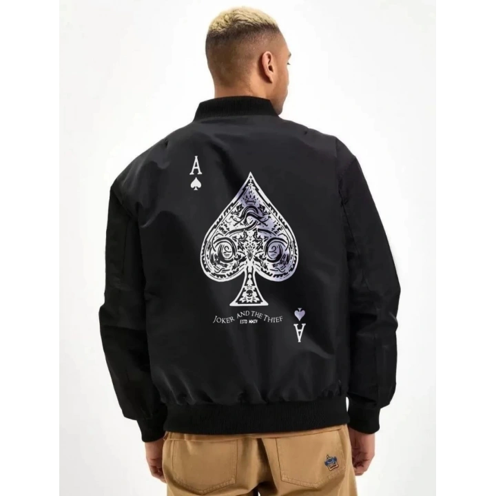 Unisex Uzun Kol Baskılı Bomber Ceket - Siyah