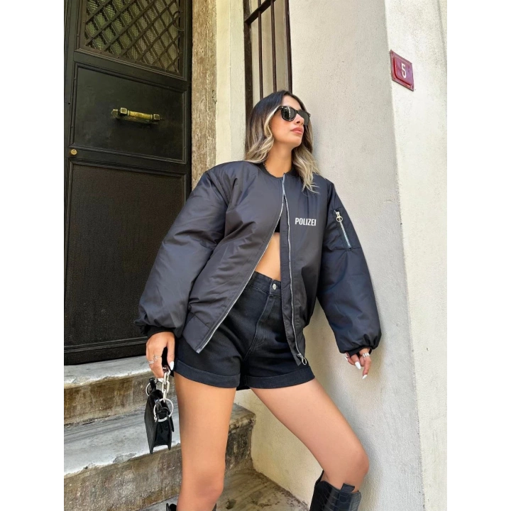 Unisex Uzun Kol Baskılı Bomber Ceket - Siyah