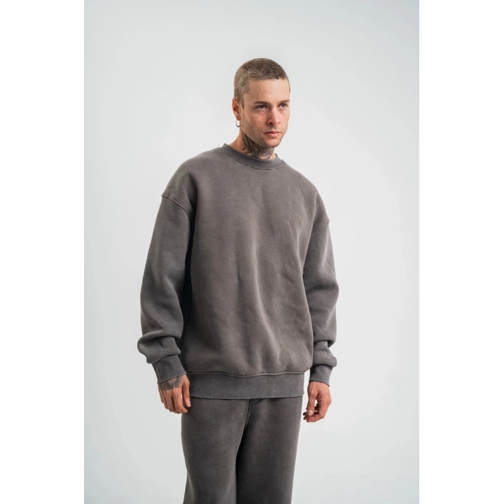 Unisex Uzun Kol Bisiklet Yaka Yıkamalı SweatShirt - Füme