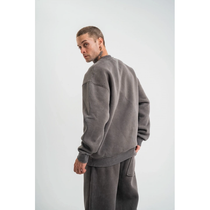 Unisex Uzun Kol Bisiklet Yaka Yıkamalı SweatShirt - Füme