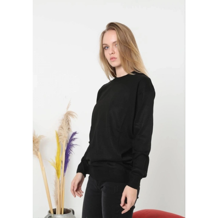 Unisex Uzun Kol Biskilet Yaka Dokuma Triko - Siyah