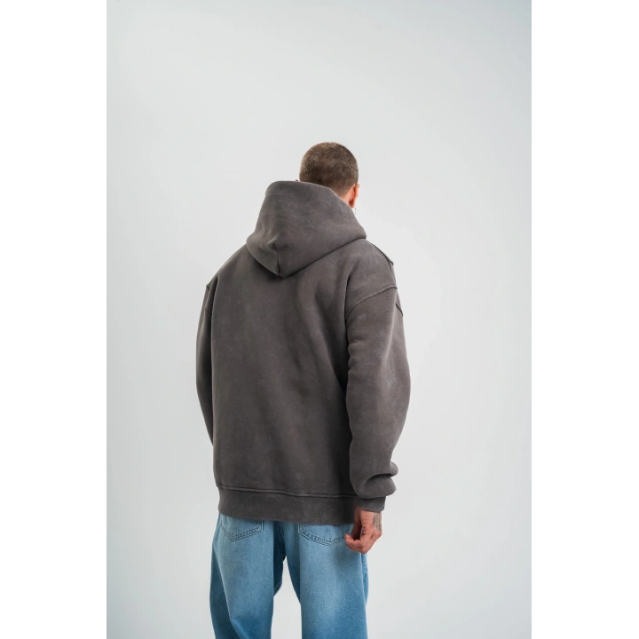 Unisex Uzun Kol Kapşonlu Yıkamalı Nakışlı SweatShirt - Füme