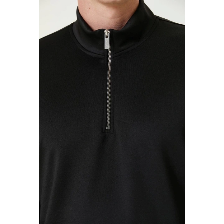 Unisex Uzun Kol Yarım Farmuarlı Yakalı Basic SweatShirt - Siyah