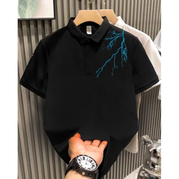 Unisex Yakası Düğmeli Oversize Baskılı T-Shirt - Siyah