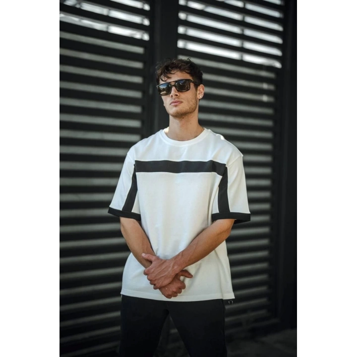 Unisex Yandan Fermuarlı Parçalı T-Shirt - Beyaz