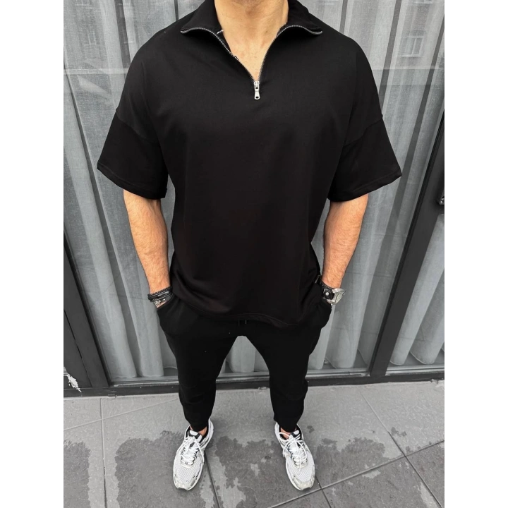 Unisex Yarım Fermuarlı Basic T-Shirt - Siyah