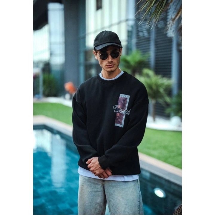 Uzun Kol Bisiklet Yaka Ön ve Arka Baskılı SweatShirt - Siyah