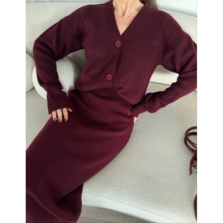 V Yaka 3 Düğmeli Hırka Takım Triko İkili Etekli - Bordo