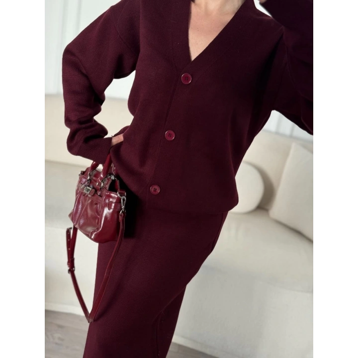 V Yaka 3 Düğmeli Hırka Takım Triko İkili Etekli - Bordo
