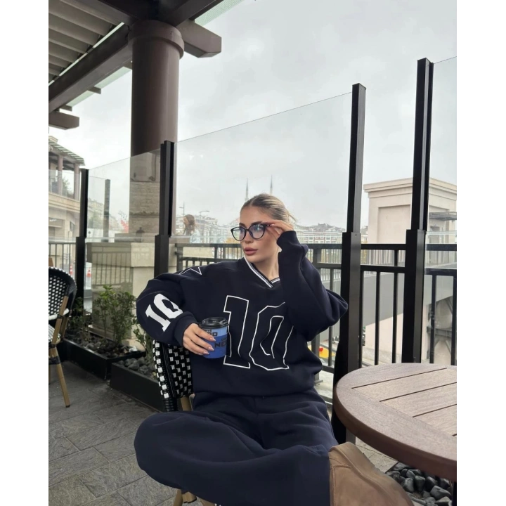 V Yaka Üç İplik Sweat Takım - Siyah
