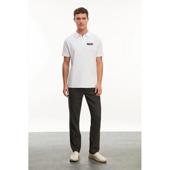 Yakası Düğmeli Yakalı Pike Baskılı T-Shirt - Beyaz