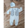 0-3 3-6 6-9 Ay Şapkalı Yelek Detaylı Boydan Çıtçıt Erkek Bebek Tulumu Ekru