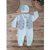 0-3 3-6 6-9 Ay Şapkalı Yelek Detaylı Boydan Çıtçıt Erkek Bebek Tulumu Ekru