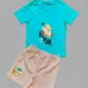 1-2-3 Yaş Kaykaycı Ayı Baskılı Şortlu Kısa Kollu Tişört 2Li Erkek Bebek Takımı Turkuaz