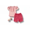 3-6 6-9 9-12 12-18 Ay Düğme Detaylı Bandanalı Kısa Kollu Sweat 3Lü Kız Bebek Takımı Pudra