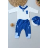 3-6 6-9 9-12 Ay Efendi Nakışlı Cep Şapkalı Uzun Kollu Sweat 3Lü Erkek Bebek Takımı İndigo