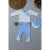 3-6 6-9 9-12 Ay Efendi Nakışlı Cep Şapkalı Uzun Kollu Sweat 3Lü Erkek Bebek Takımı Mavi