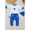 3-6 6-9 9-12 Ay Full Star Nakışlı Şapkalı Uzun Kollu Sweat 3Lü Erkek Bebek Takımı İndigo