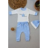 3-6 6-9 9-12 Ay Full Star Nakışlı Şapkalı Uzun Kollu Sweat 3Lü Erkek Bebek Takımı Mavi