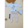 3-6 6-9 9-12 Ay Minik Dino Nakışlı Şapkalı Uzun Kollu Sweat 3Lü Kız-Erkek Bebek Takımı Mavi