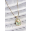 316L Çelik Gold Renk Zincir Mavi Mineli İncili Papatya İşlemeli Portre Model Kadın Kolye