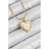 316L Çelik Zincir Beyaz Sanatsal Portre İnci Detaylı Papatya Figürlü Kalp Model Gold Renk Kadın Kolye
